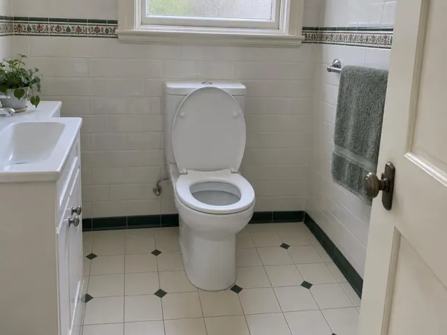 Clean white toilet in a tiled bathroom with sink, towel rail and window in Artarmon