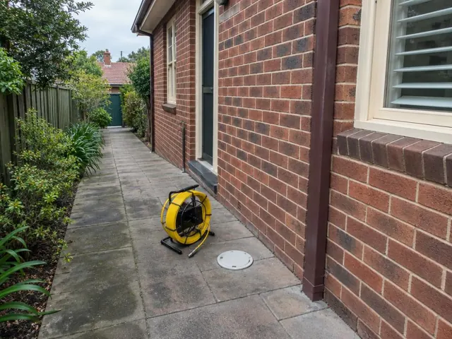 Brick side path beside a house with a drain camera reel and a capped inspection opening on paving in Naremburn